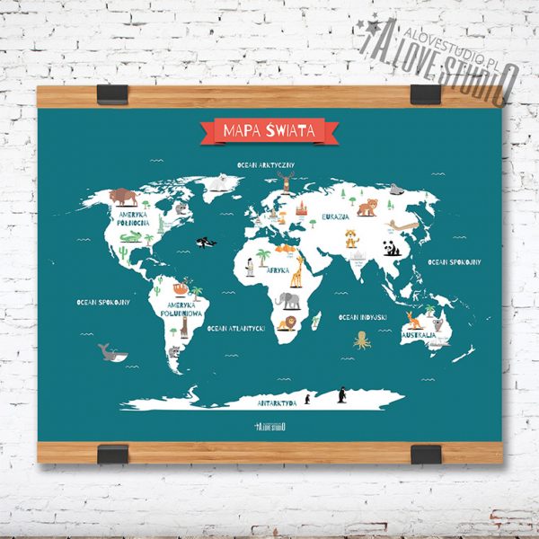 Mapa Świata plakat dla dzieci kontynenty laminat alovestudio 1