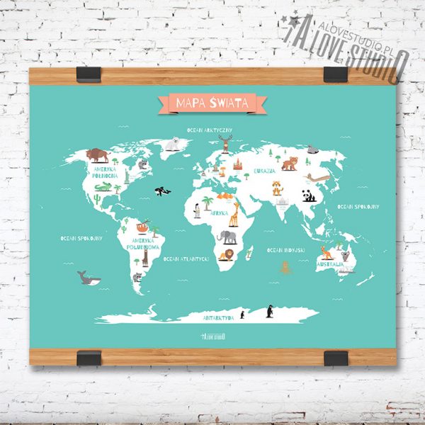 Mapa Świata plakat dla dzieci kontynenty laminat mięta alovestudio 1