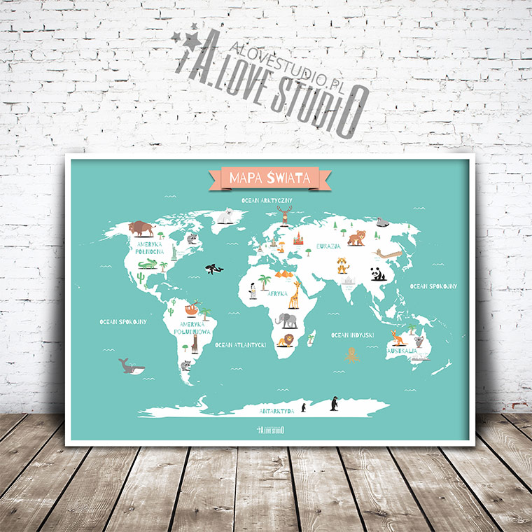 Mapa świata plakat mięta dla dzieci kontynenty alovestudio pl 1