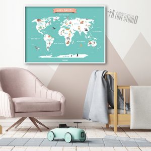 Mapa świata plakat mięta dla dzieci kontynenty alovestudio pl 2