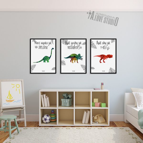 Plakatu obrazki dla dzieci dinozaury diplodok triceratops t-rex alovestudio pl