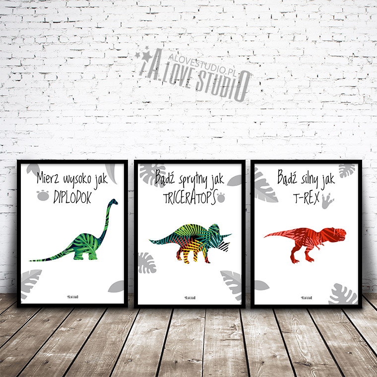 Plakatu obrazki dla dzieci dinozaury diplodok triceratops t-rex alovestudio